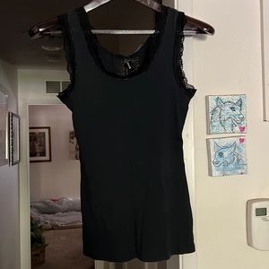 Venti6, black tank top with lace detail on back, size S.